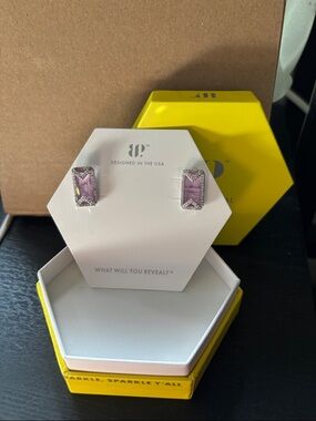 Rectangular Lavender Crystal Stud Earrings with Silver Accents